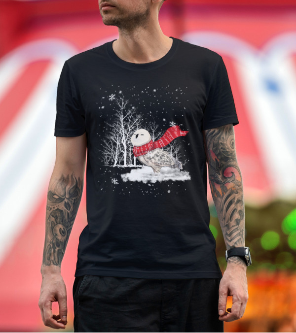 Premium T-Shirt: Snowy Owl Red Scarf Winter Scene T-Shirt Snowy Owl Red Scarf Winter Scene T-Shirt
