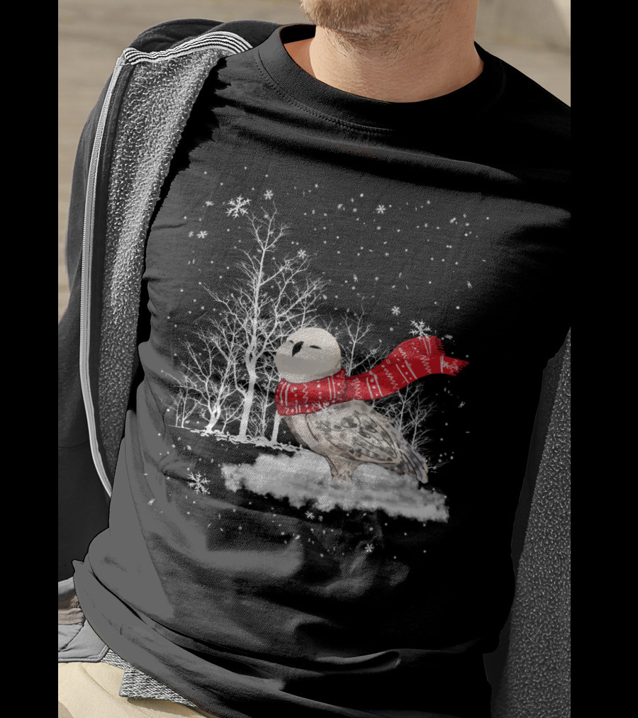 Snowy Owl Red Scarf Winter Scene T-Shirt