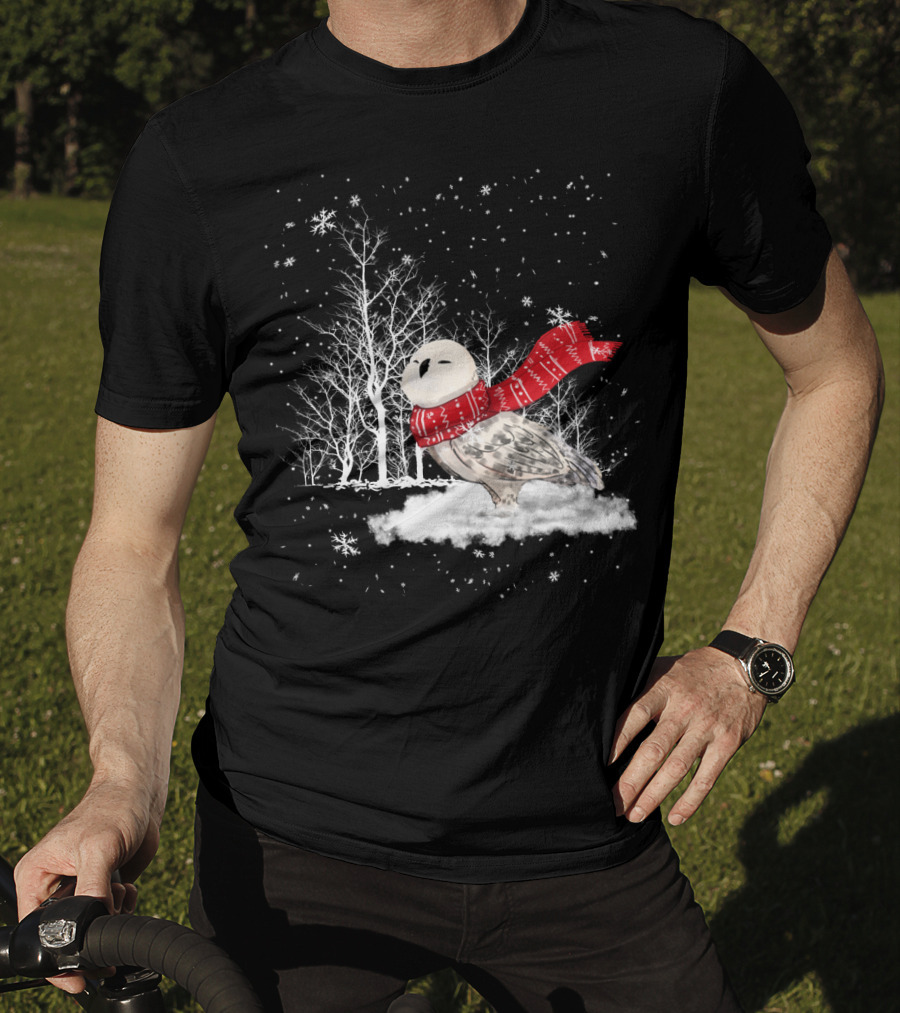 Snowy Owl Red Scarf Winter Scene T-Shirt