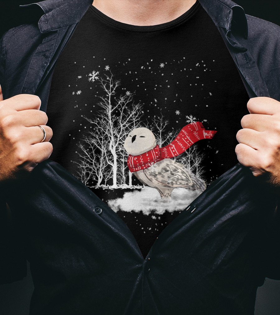Snowy Owl Red Scarf Winter Scene T-Shirt