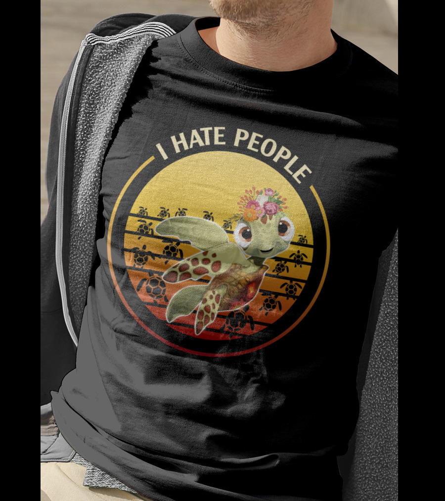 I Hate People Flower Turtle Retro Sunset T-Shirt
