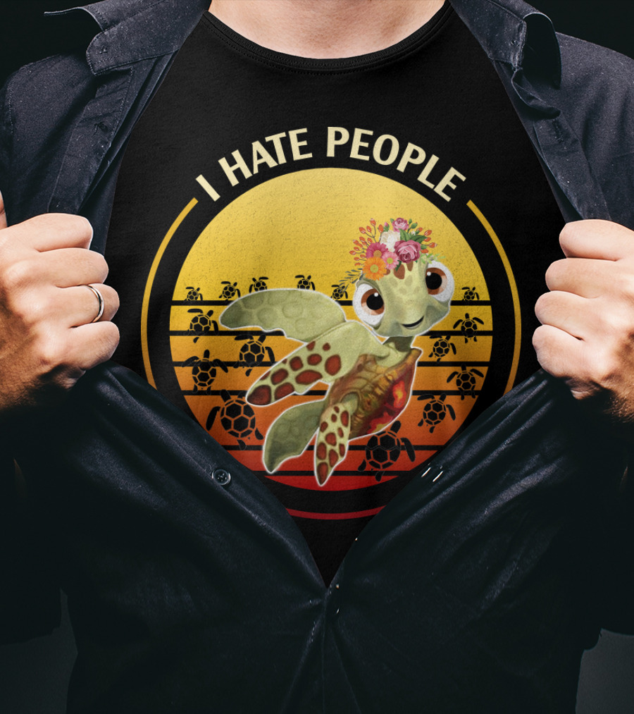 I Hate People Flower Turtle Retro Sunset T-Shirt