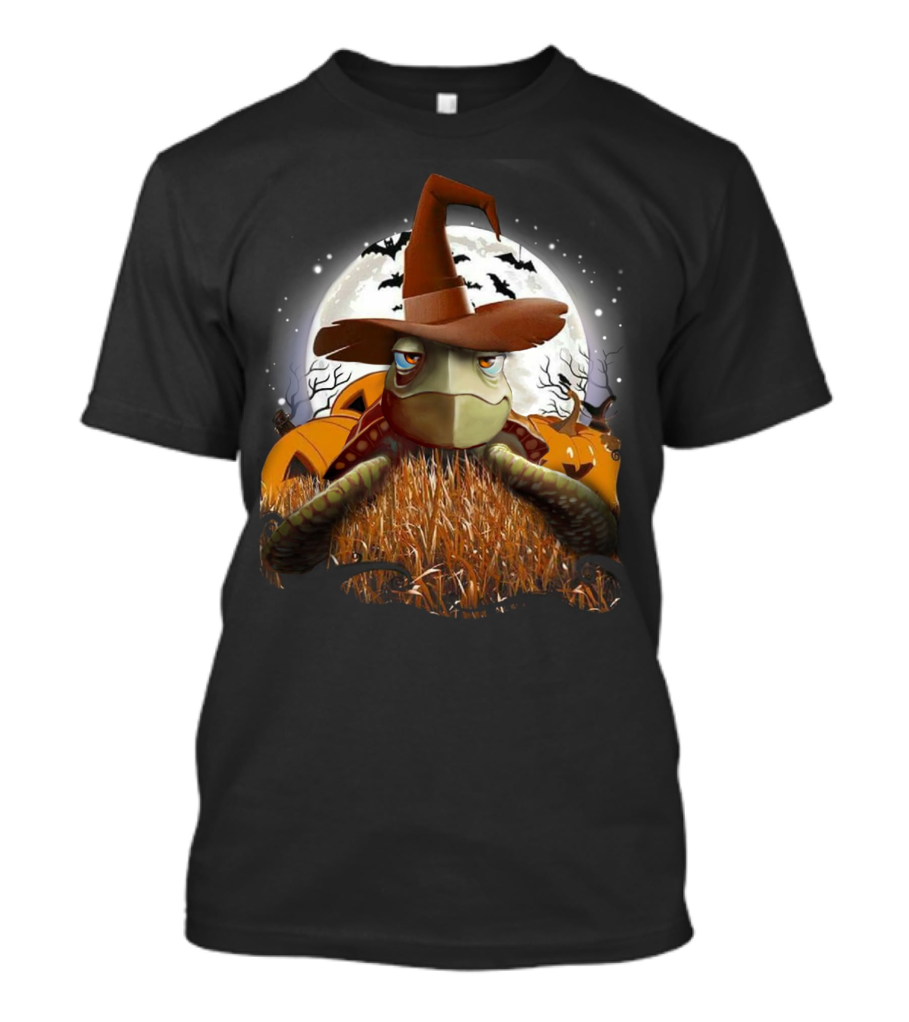Halloween Turtle In Witch Hat Moonlit Pumpkin Patch T-Shirt