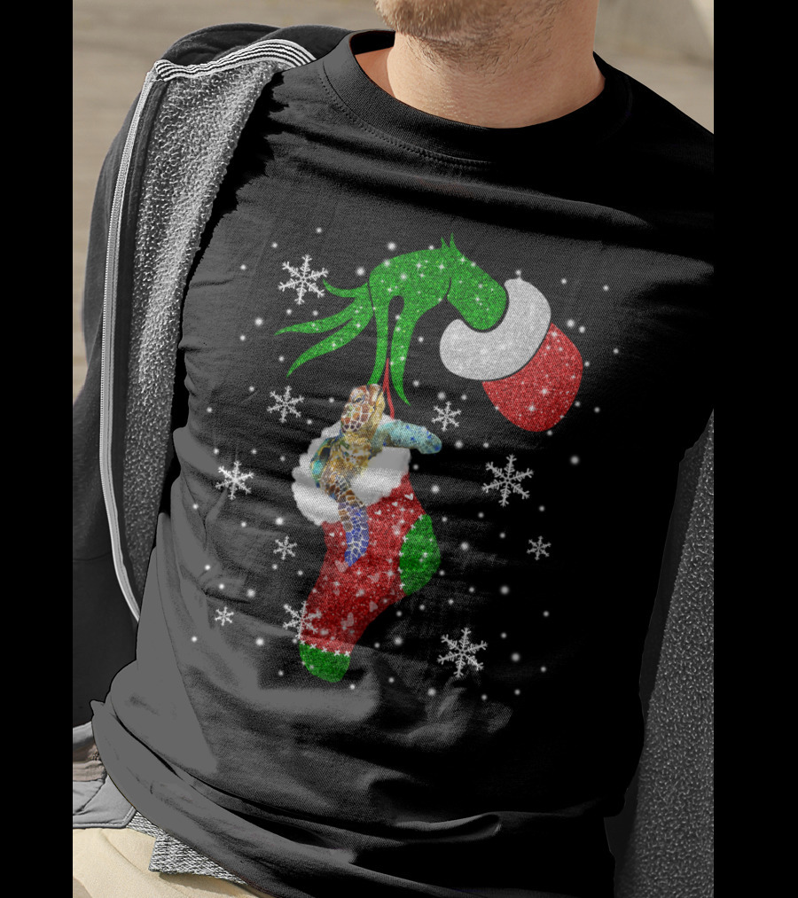 Grinch Christmas Turtle In Glittery Stocking With Snowflakes T-Shirt