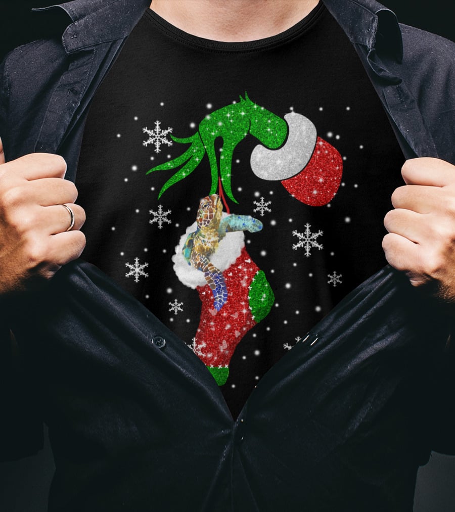 Grinch Christmas Turtle In Glittery Stocking With Snowflakes T-Shirt