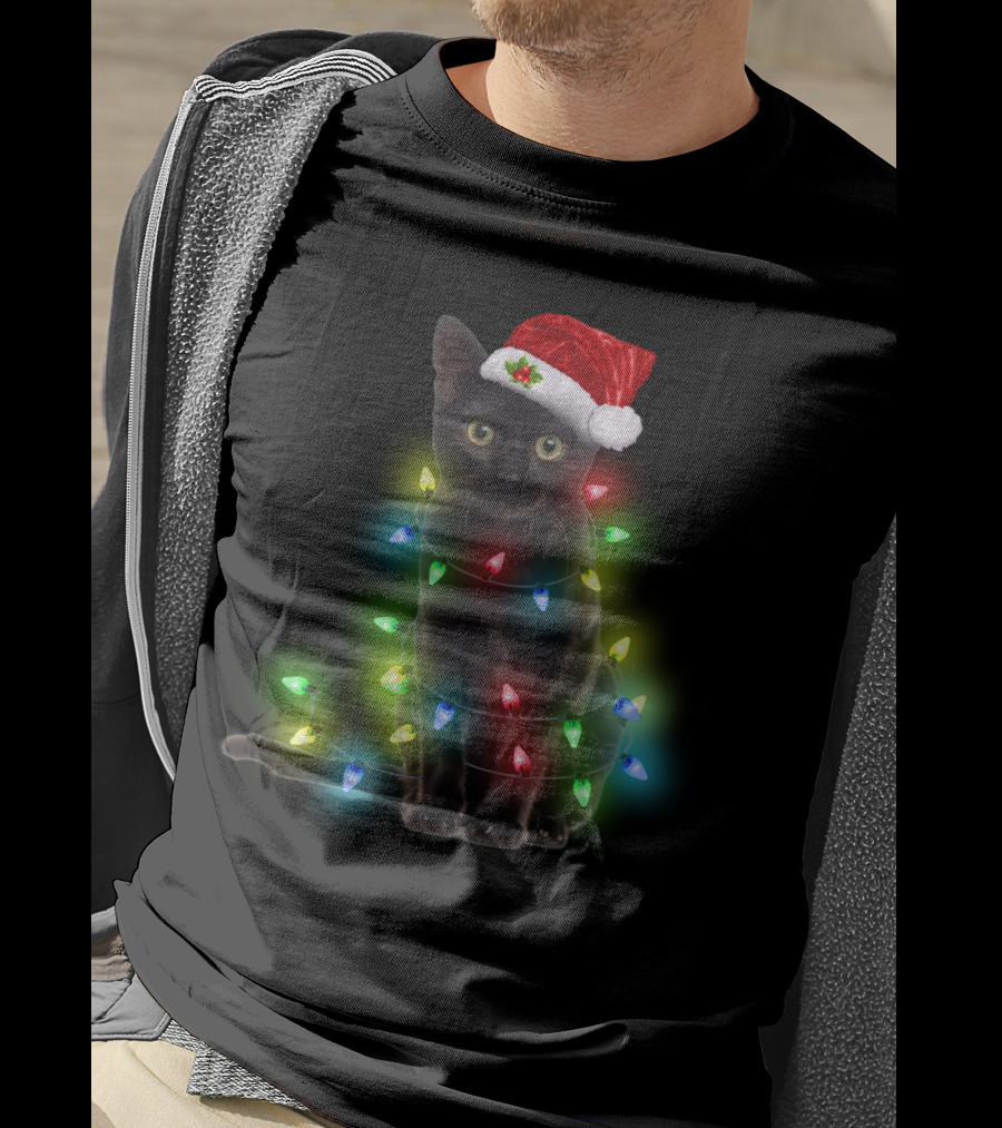 Cat Wrapped In Christmas Lights With Santa Hat T-Shirt