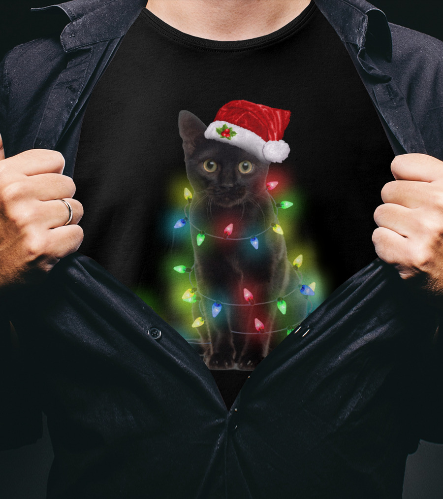 Cat Wrapped In Christmas Lights With Santa Hat T-Shirt