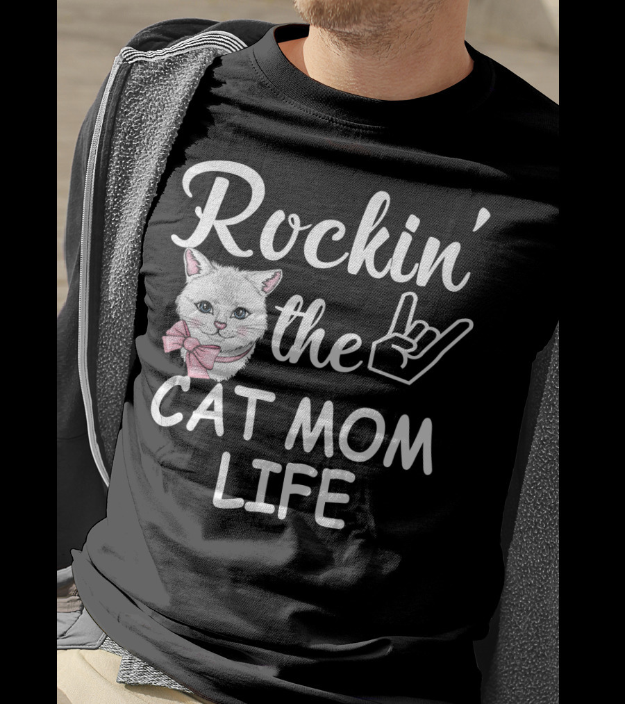 Rockin' The Cat Mom Life With Rock Hand And Pink Bow Cat T-Shirt