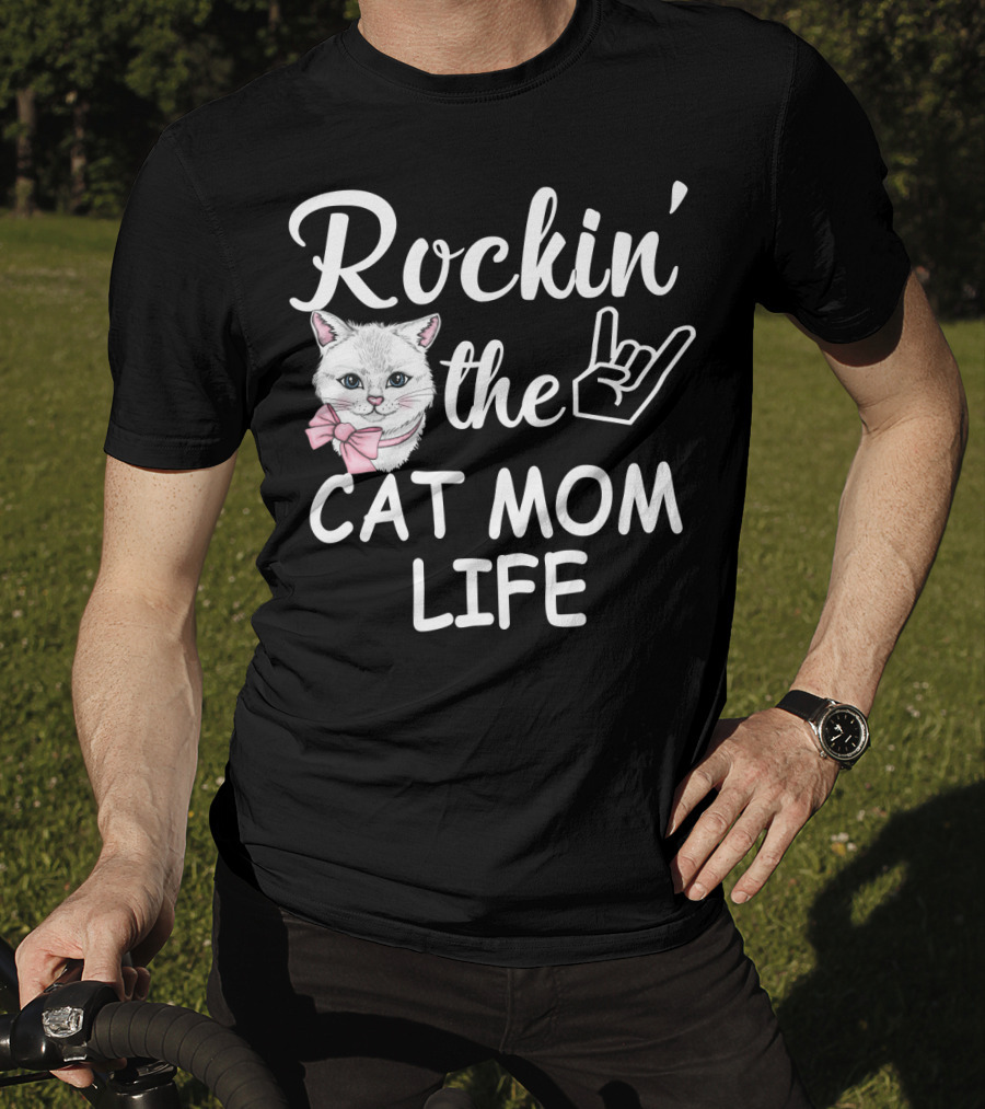 Rockin' The Cat Mom Life With Rock Hand And Pink Bow Cat T-Shirt