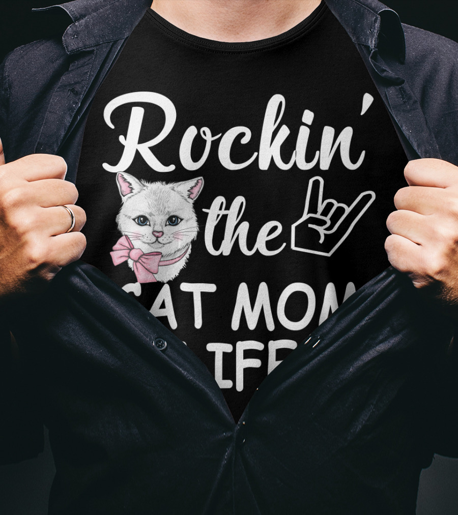 Rockin' The Cat Mom Life With Rock Hand And Pink Bow Cat T-Shirt