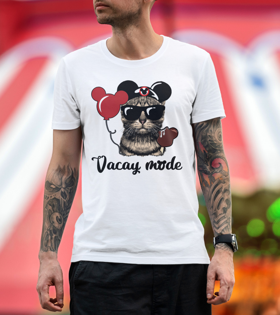 Vacay Mode Cat with Mouse Ears, Balloon, Sunglasses, Chocolate for Fans T-Shirt