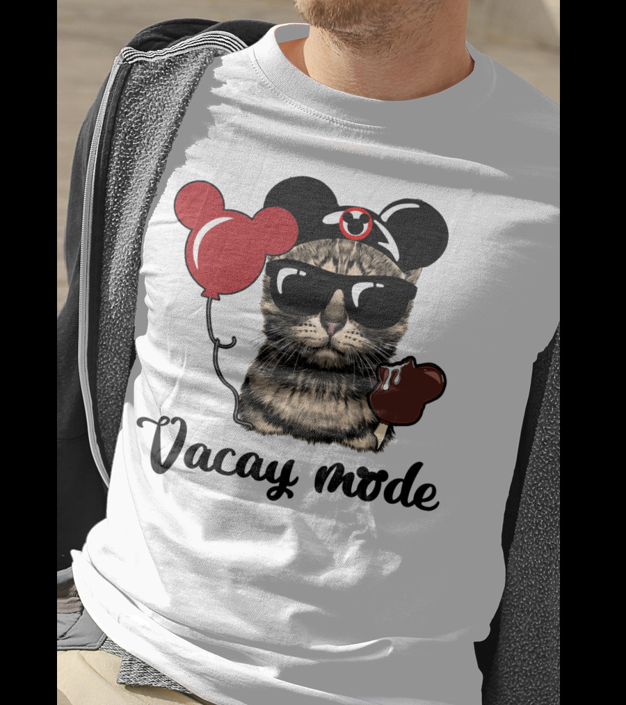 Vacay Mode Cat With Mouse Ears, Balloon, Sunglasses, Chocolate For Fans T-Shirt
