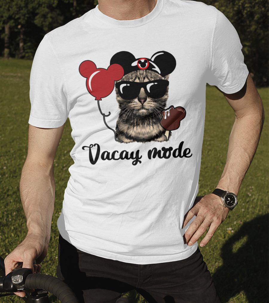 Vacay Mode Cat With Mouse Ears, Balloon, Sunglasses, Chocolate For Fans T-Shirt