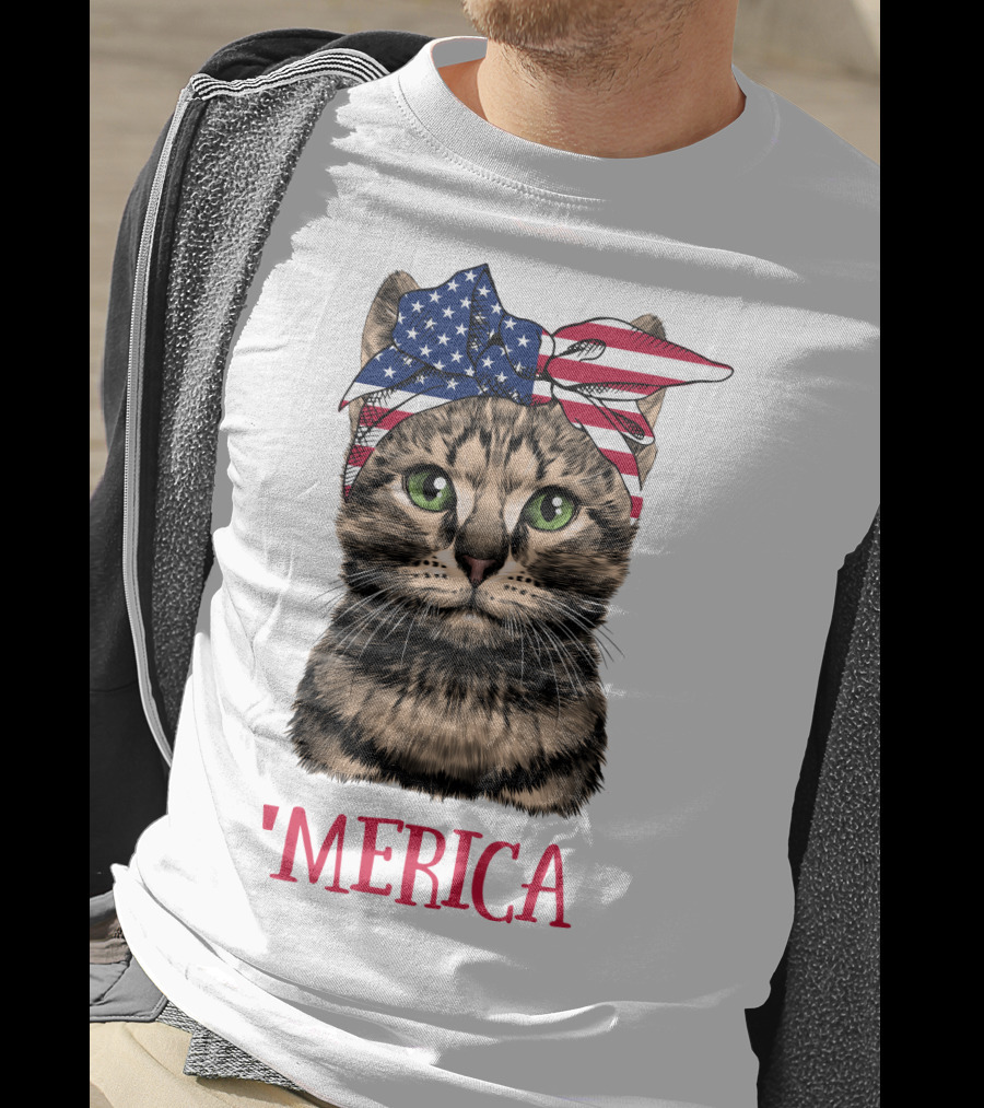 Cat With American Flag Bandana 'Merica T-Shirt