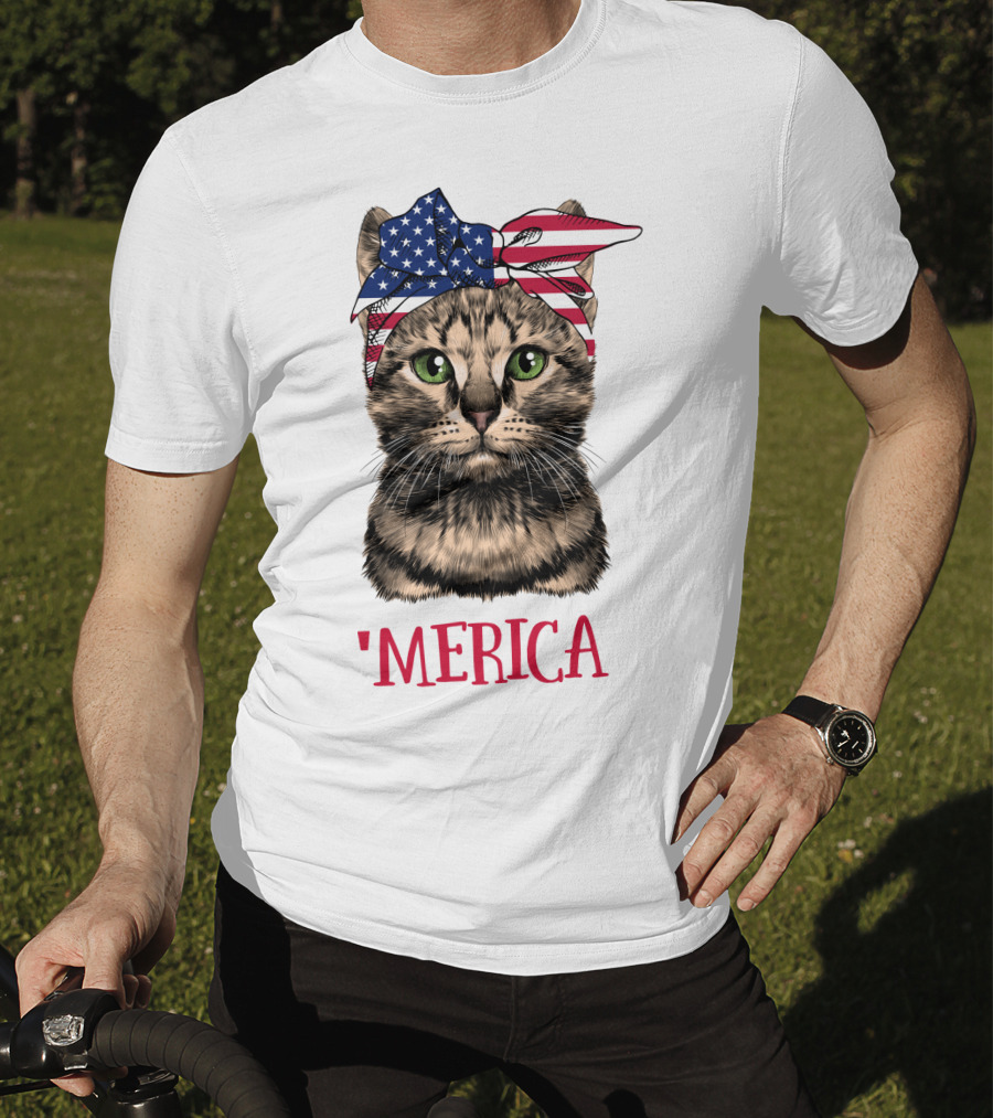 Cat With American Flag Bandana 'Merica T-Shirt