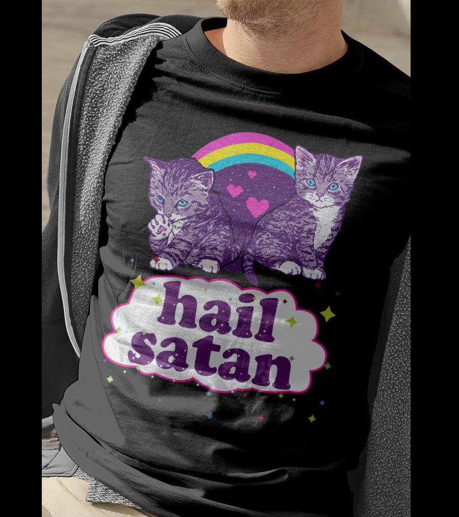 Hail Satan Cats With Rainbow And Hearts T-Shirt