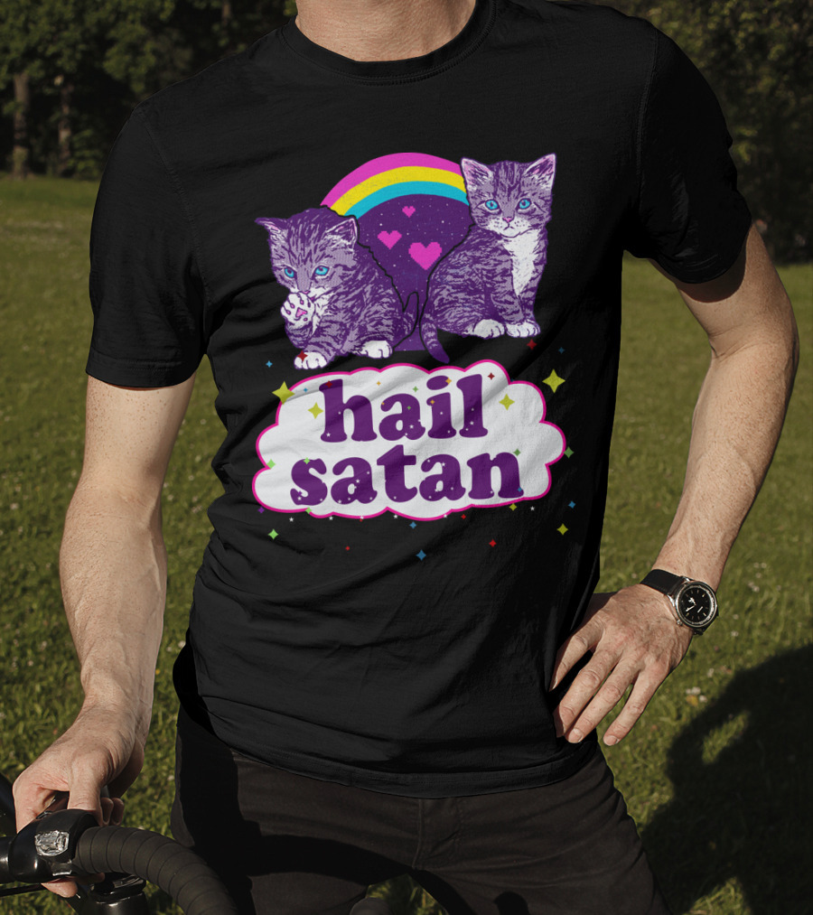 Hail Satan Cats With Rainbow And Hearts T-Shirt