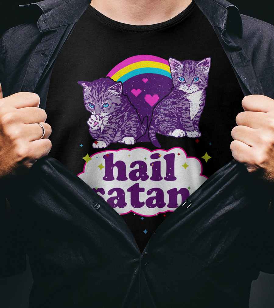 Hail Satan Cats With Rainbow And Hearts T-Shirt