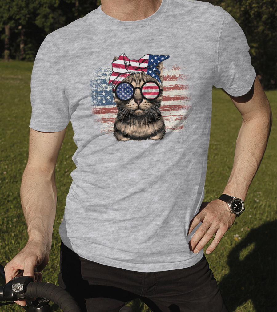 Cat American Flag Glasses Bandana T-Shirt