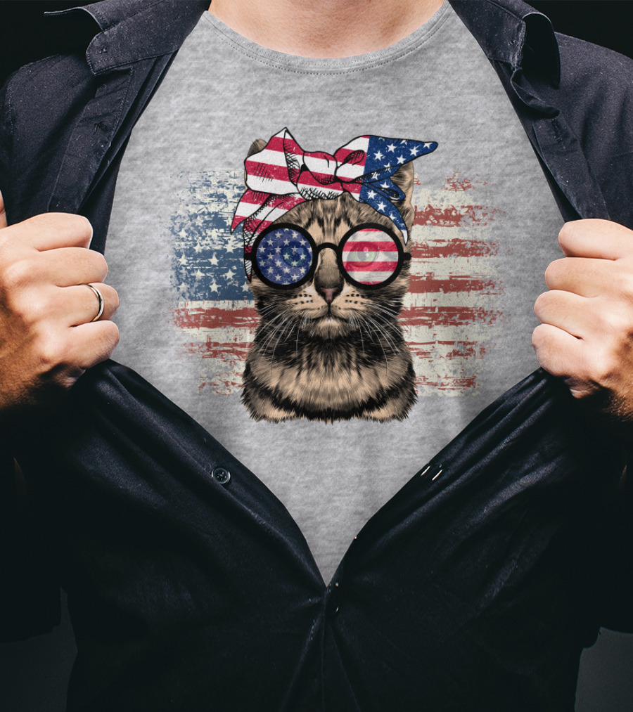Cat American Flag Glasses Bandana T-Shirt