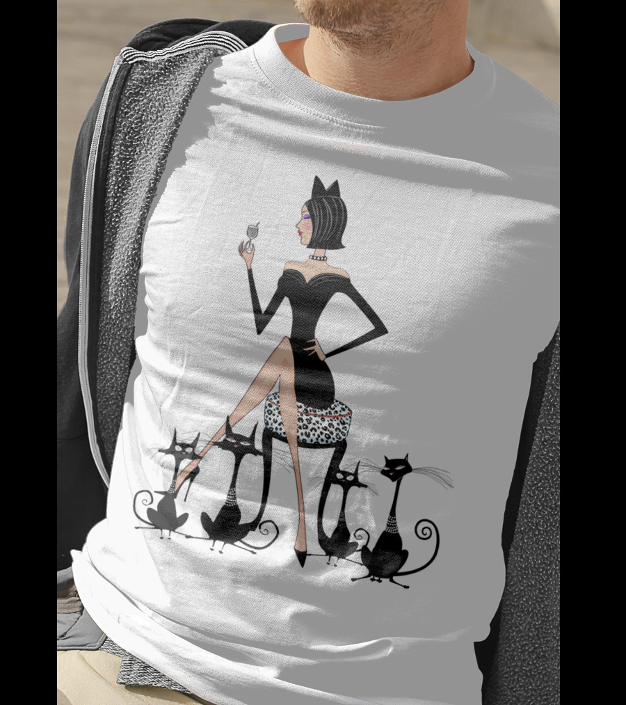 Stylish Cat Lady With Elegant Black Cats And Wine T-Shirt