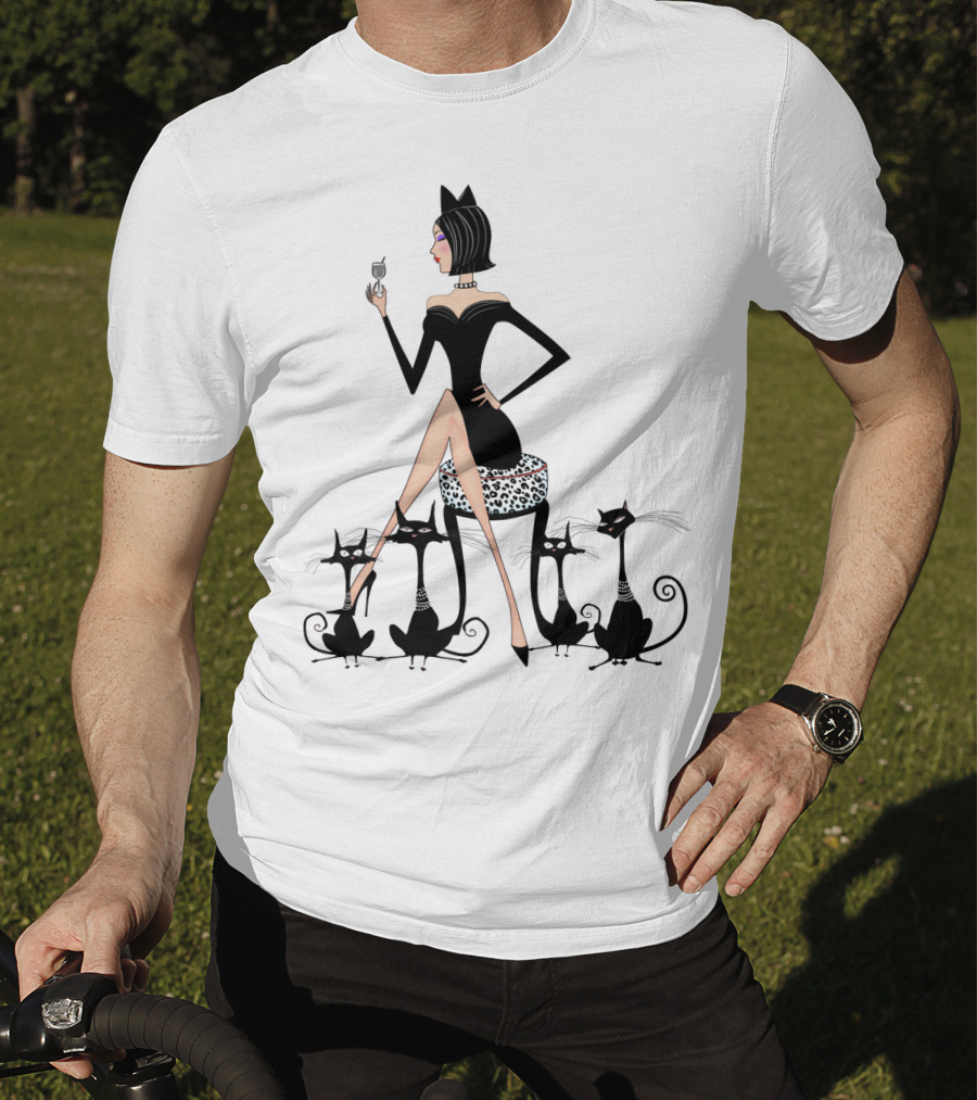 Stylish Cat Lady With Elegant Black Cats And Wine T-Shirt