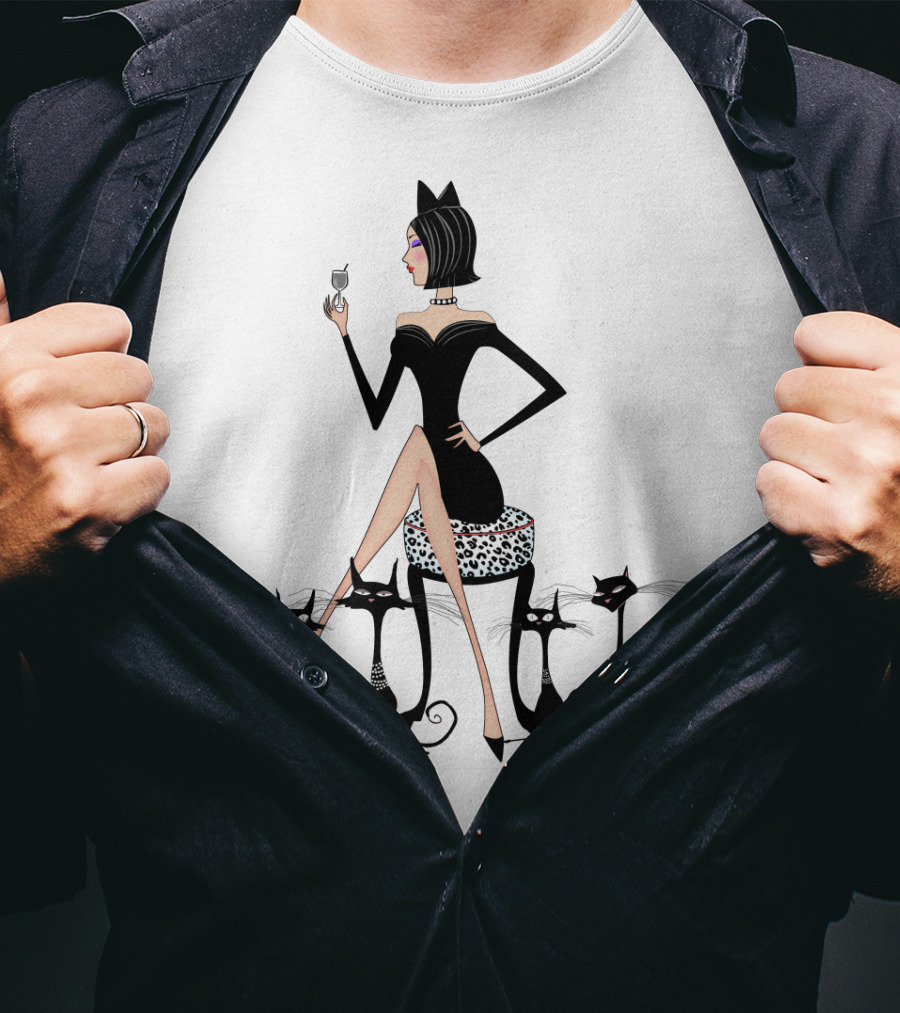 Stylish Cat Lady With Elegant Black Cats And Wine T-Shirt