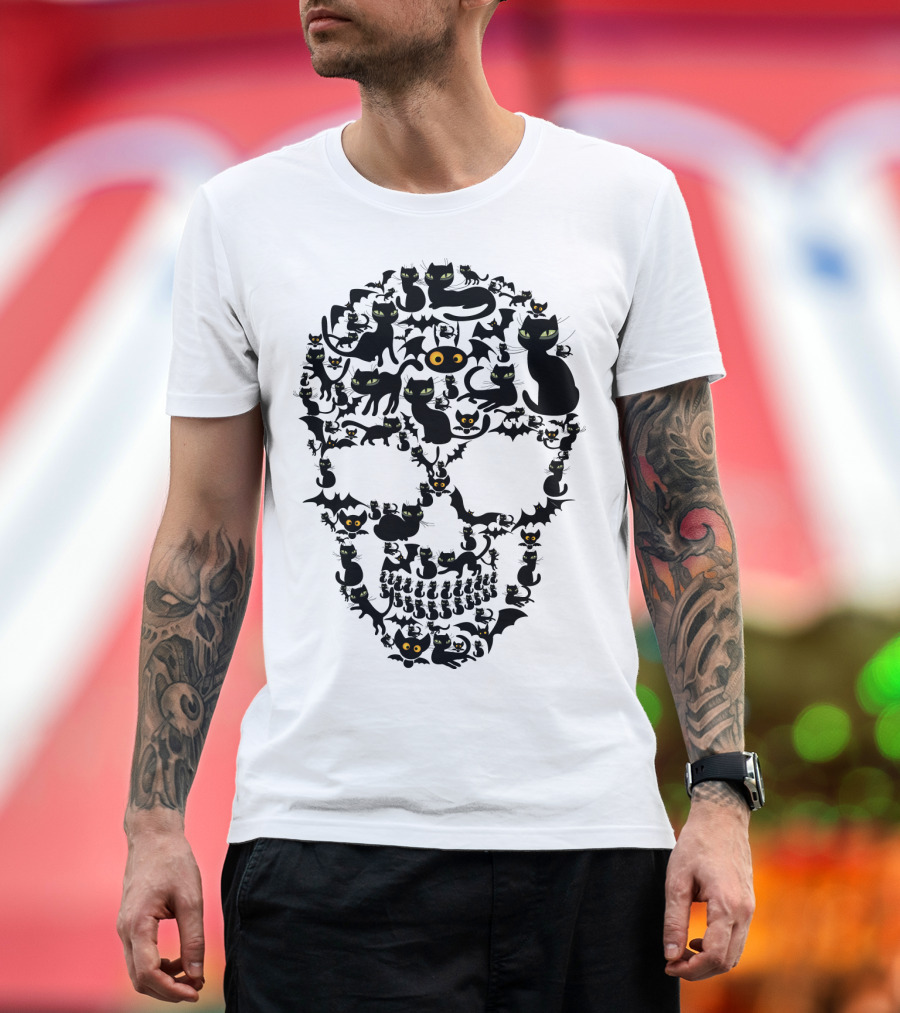 Cat Skull Bat Eyes Halloween Cats T-Shirt