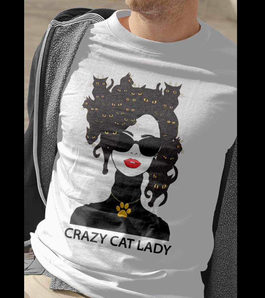 CRAZY CAT LADY Cat Afro Sunglasses Red Lips Golden Paw Necklace T-Shirt