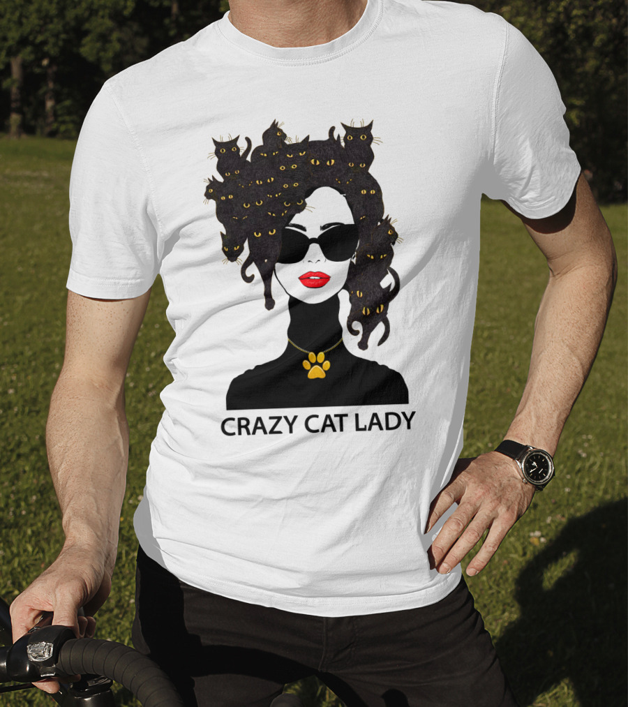 CRAZY CAT LADY Cat Afro Sunglasses Red Lips Golden Paw Necklace T-Shirt