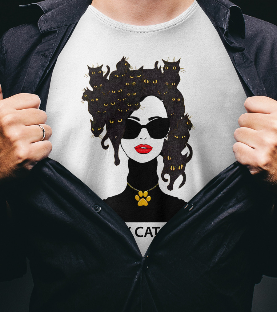 CRAZY CAT LADY Cat Afro Sunglasses Red Lips Golden Paw Necklace T-Shirt
