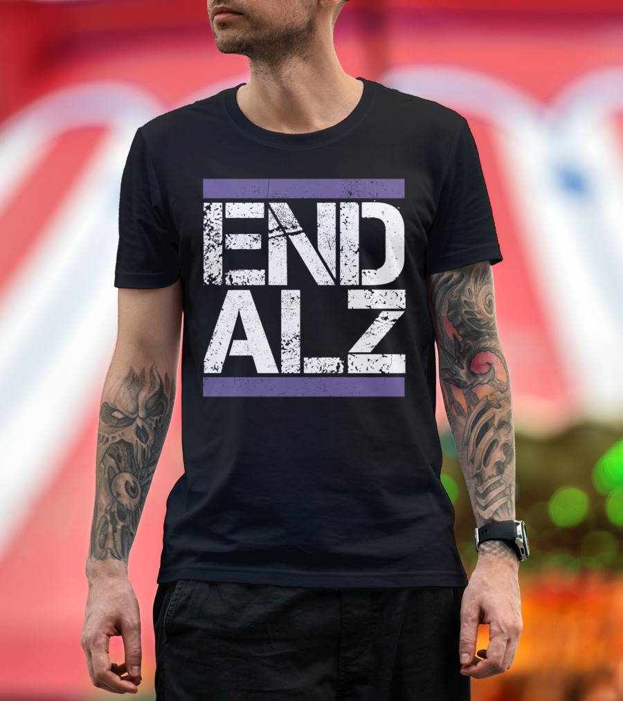 End ALZ Alzheimer's Awareness with Bold Distressed Purple Stripes T-Shirt