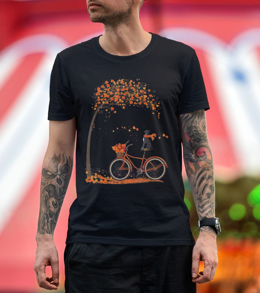 Greyhound Dog Riding Bicycle in Fall Leaves with Tree T-Shirt
