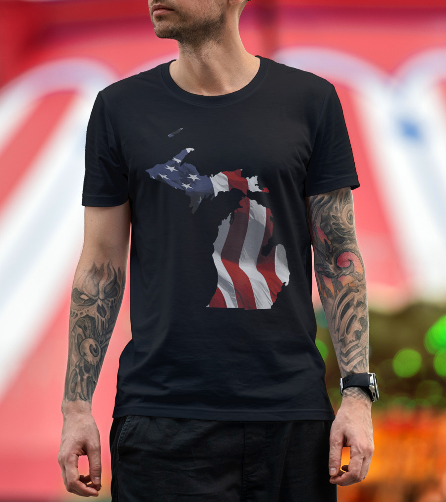 American Flag Overlay on Michigan Map T-Shirt