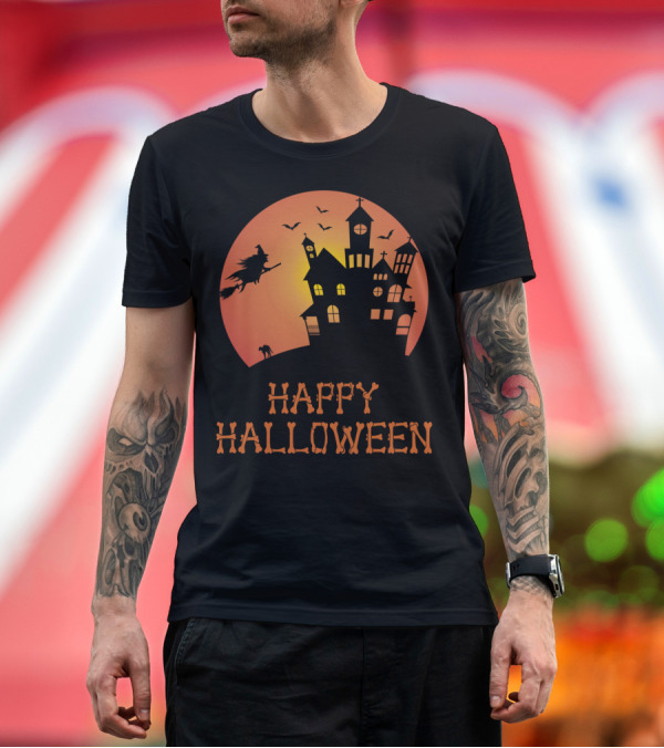 Premium T-Shirt: Happy Halloween Witch Haunted House Silhouette Moon Bats T-Shirt Happy Halloween Witch Haunted House Silhouette Moon Bats T-Shirt