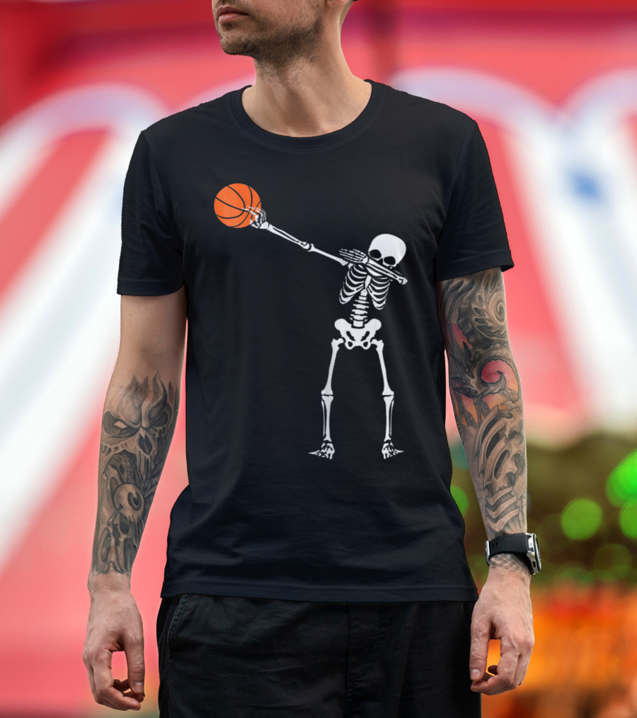 Dabbing Skeleton Halloween Basketball Fun T-Shirt