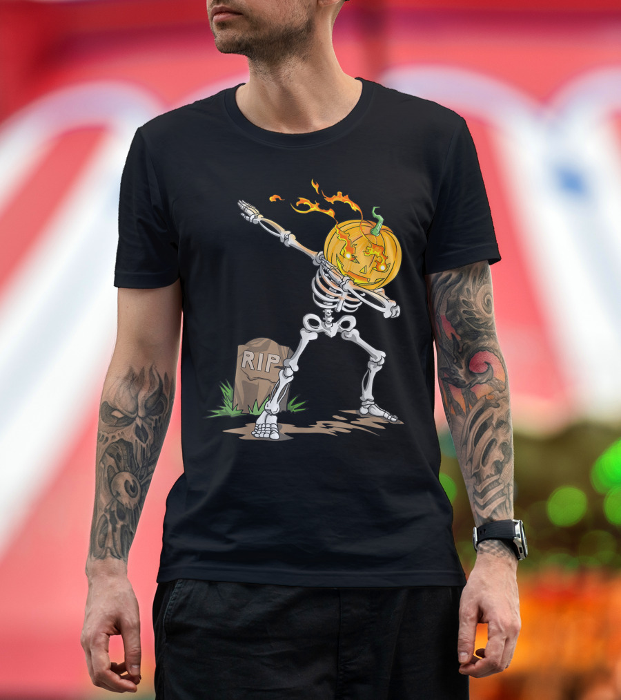 RIP Dabbing Skeleton with Halloween Pumpkin Head T-Shirt