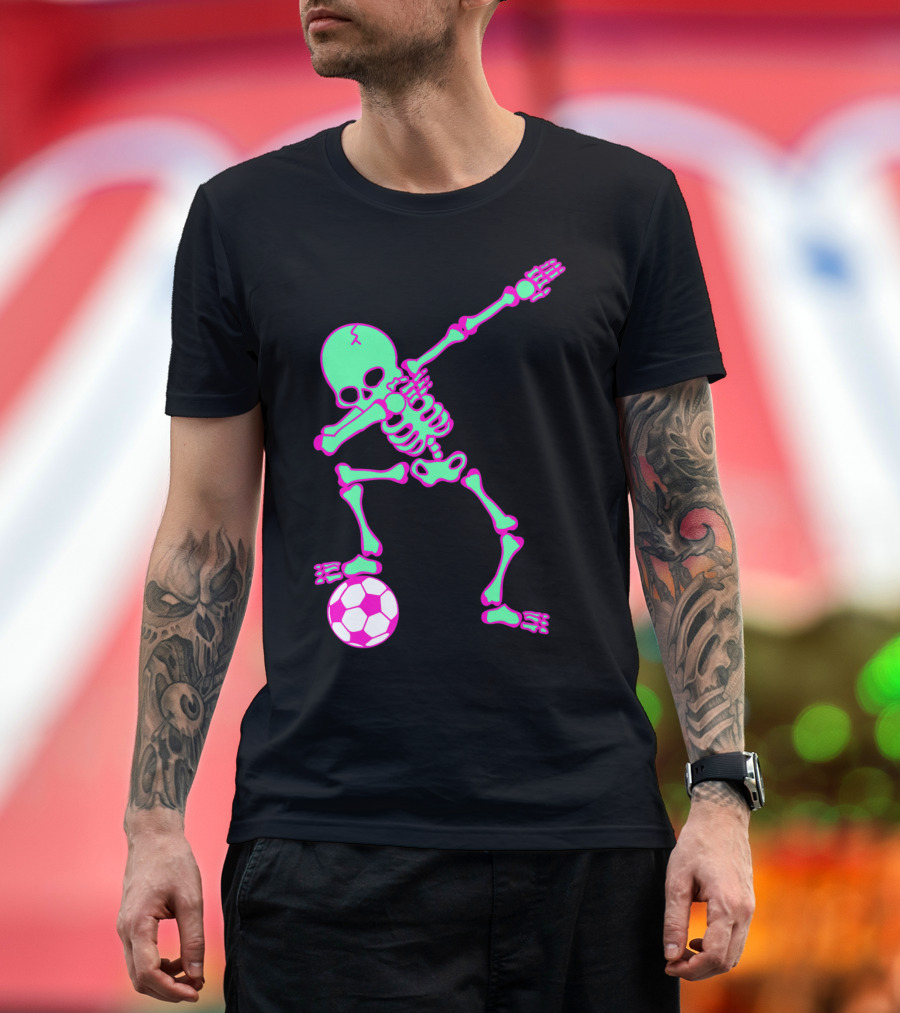 Dabbing Skeleton Soccer Halloween Costume Dab Neon Skeleton Soccer Ball T-Shirt
