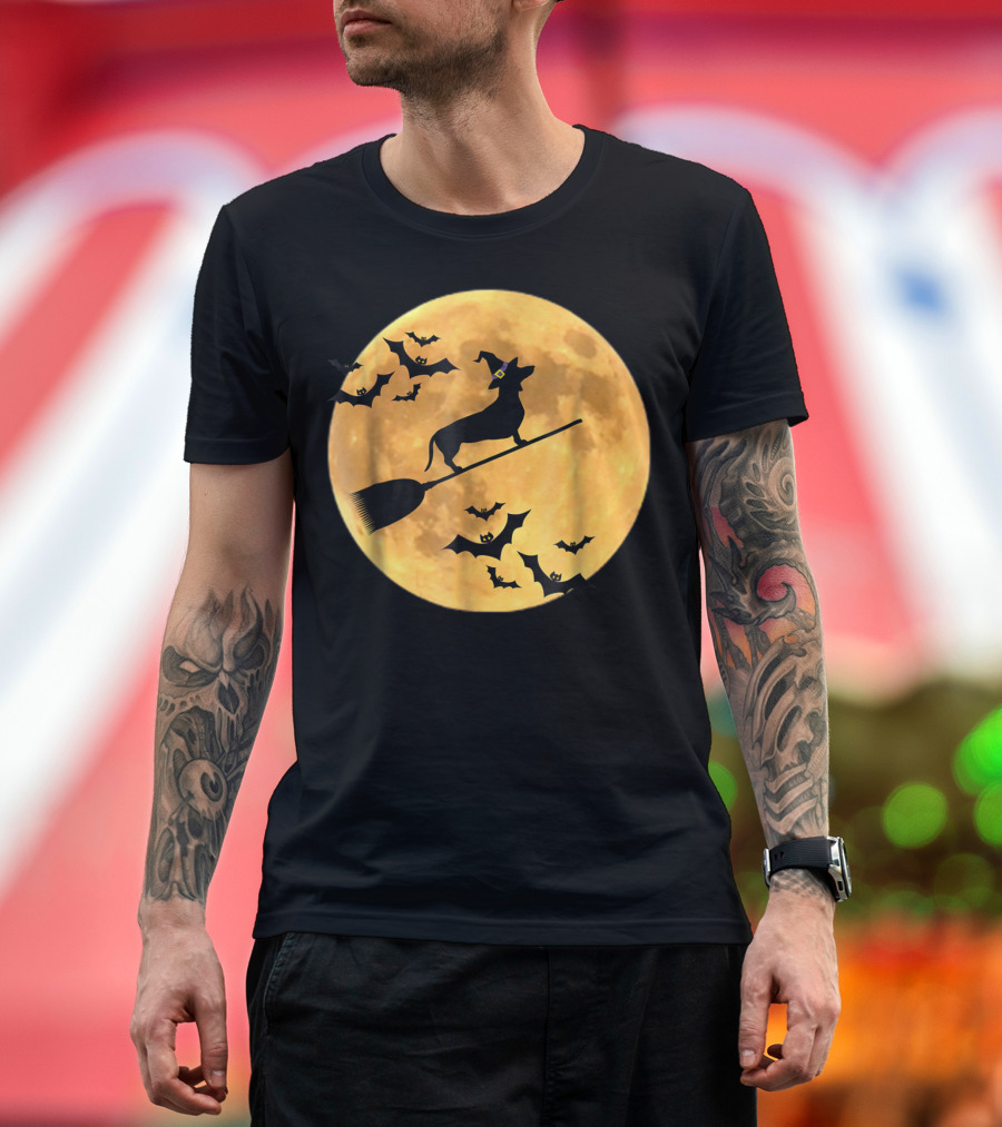Dachshund Witch Dog Flying on Broomstick in Front of Full Halloween Moon with Bats T-Shirt