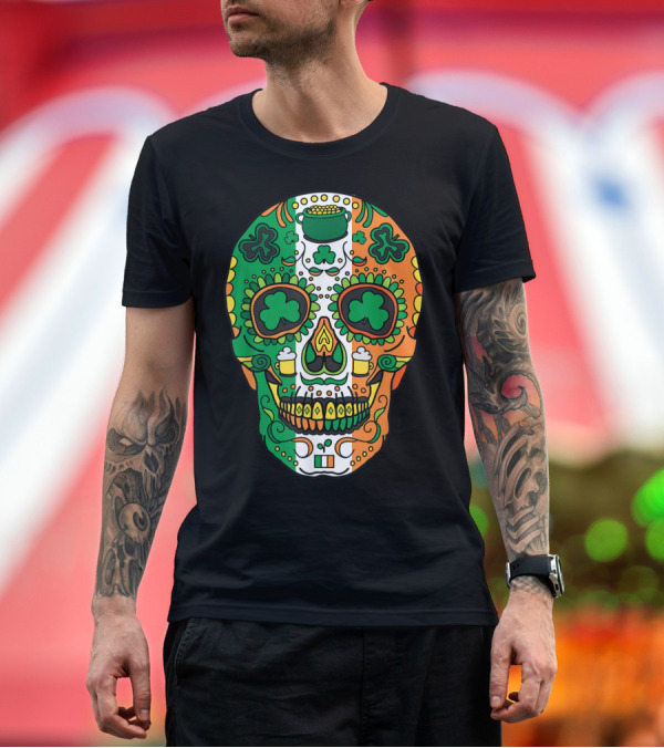 Premium T-Shirt: Day Of The Dead Irish Sugar Skull St Patricks Shamrock Tricolor Beer T-Shirt Day Of The Dead Irish Sugar Skull St Patricks Shamrock Tricolor Beer T-Shirt