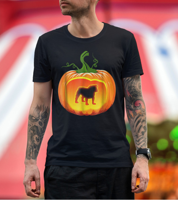Premium T-Shirt: English Bulldog Silhouette Inside Glowing Pumpkin T-Shirt English Bulldog Silhouette Inside Glowing Pumpkin T-Shirt
