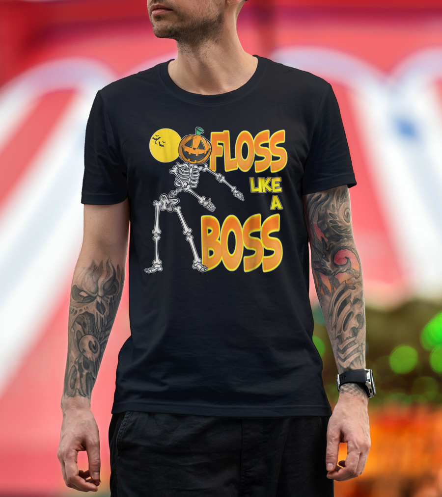 Floss Like a Boss Pumpkin Head Skeleton Halloween Moon Scene T-Shirt