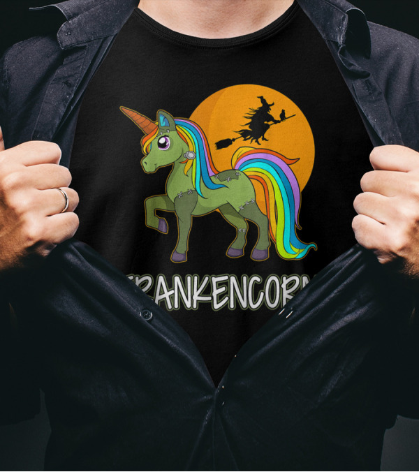 Frankencorn Cute Frankenstein Unicorn Witch Silhouette Rainbow Mane Halloween T-Shirt