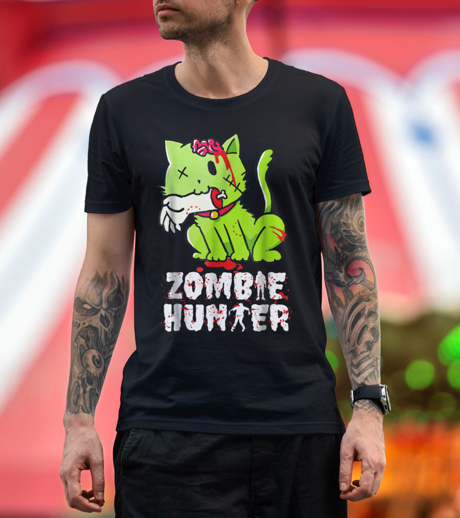 Zombie Hunter Funny Cat with Brain and Bloody Bone T-Shirt
