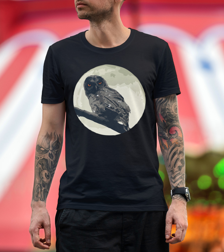Creepy Spooky Owl with Red Eyes on Moonlit Branch T-Shirt