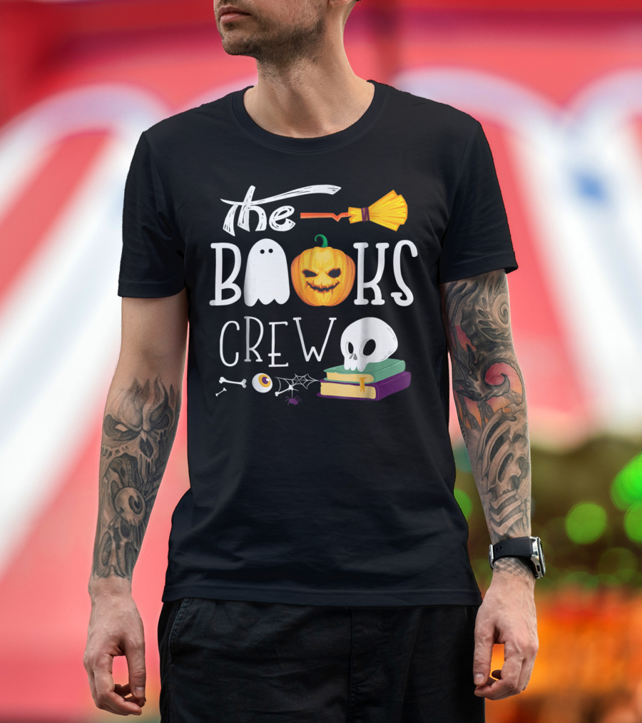The Books Crew Halloween Funny Librarian Ghost Pumpkin Skull Broom T-Shirt