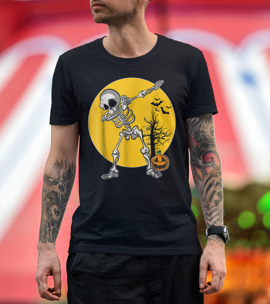 Funny Dabbing Skeleton Halloween Dab Pumpkin Bats Moon T-Shirt