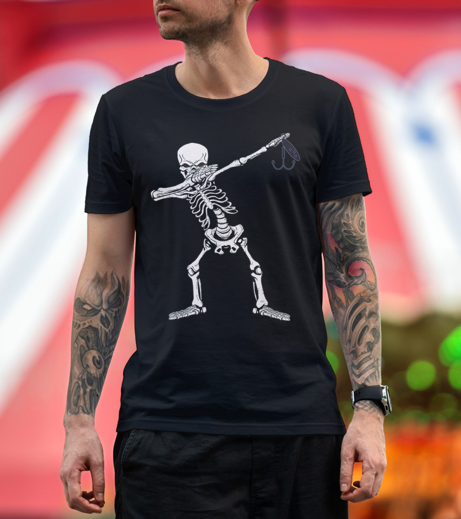 Dabbing Skeleton with Fishing Hook Halloween Humor T-Shirt