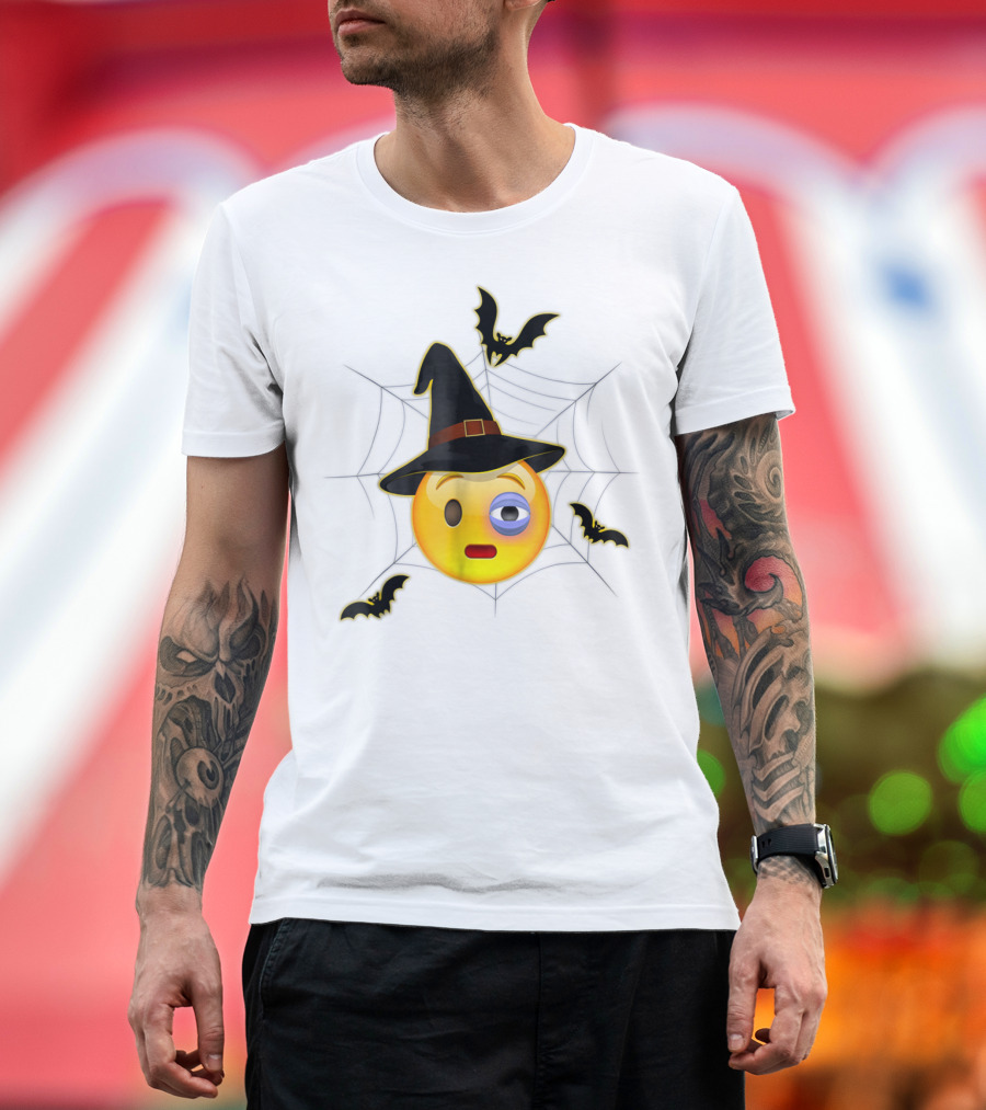 Halloween Emoji Witch Hat Flushed Face with Bats and Spider Web T-Shirt