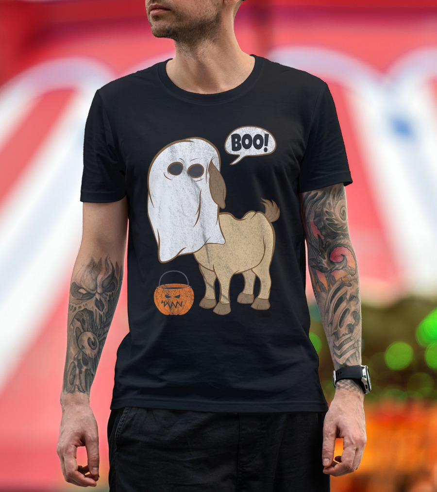 Ghostly Goat Halloween Costume with Pumpkin and Boo Phrase T-Shirt